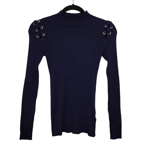 Hippie Rose Bellbottom Blue Ribbed Knit Mock Neck Top Size Small - Picture 1 of 9